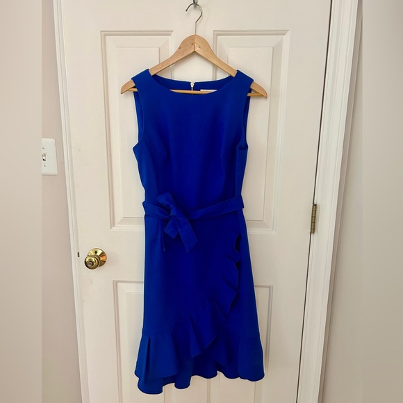 Calvin Klein Cobalt Blue Flore Cotton Blend Ruffle Detail Dress - Picture 3 of 3